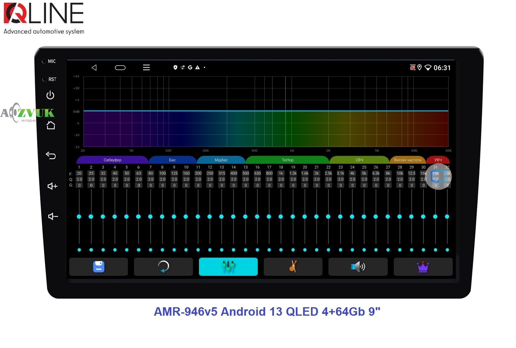 Мультимедиа ресивер Qline AMR-946v5 Android 13 QLED 4+64Gb 9